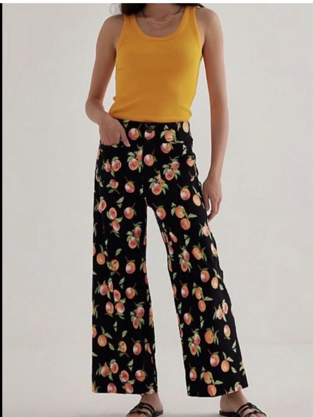 Maeve Colette black peach print Stretch Cropped Wide-leg high rise Pants Size 25